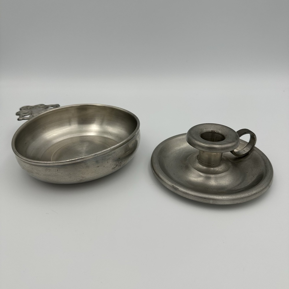 Vtg Woodbury Pewterers Pewter Chamberstick Candle Holder & Oval Porringer Bowl